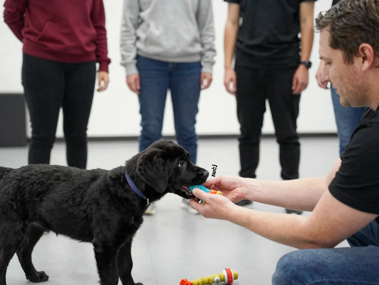 Trainer using bite inhibition protocol with mouthing black lab puppy