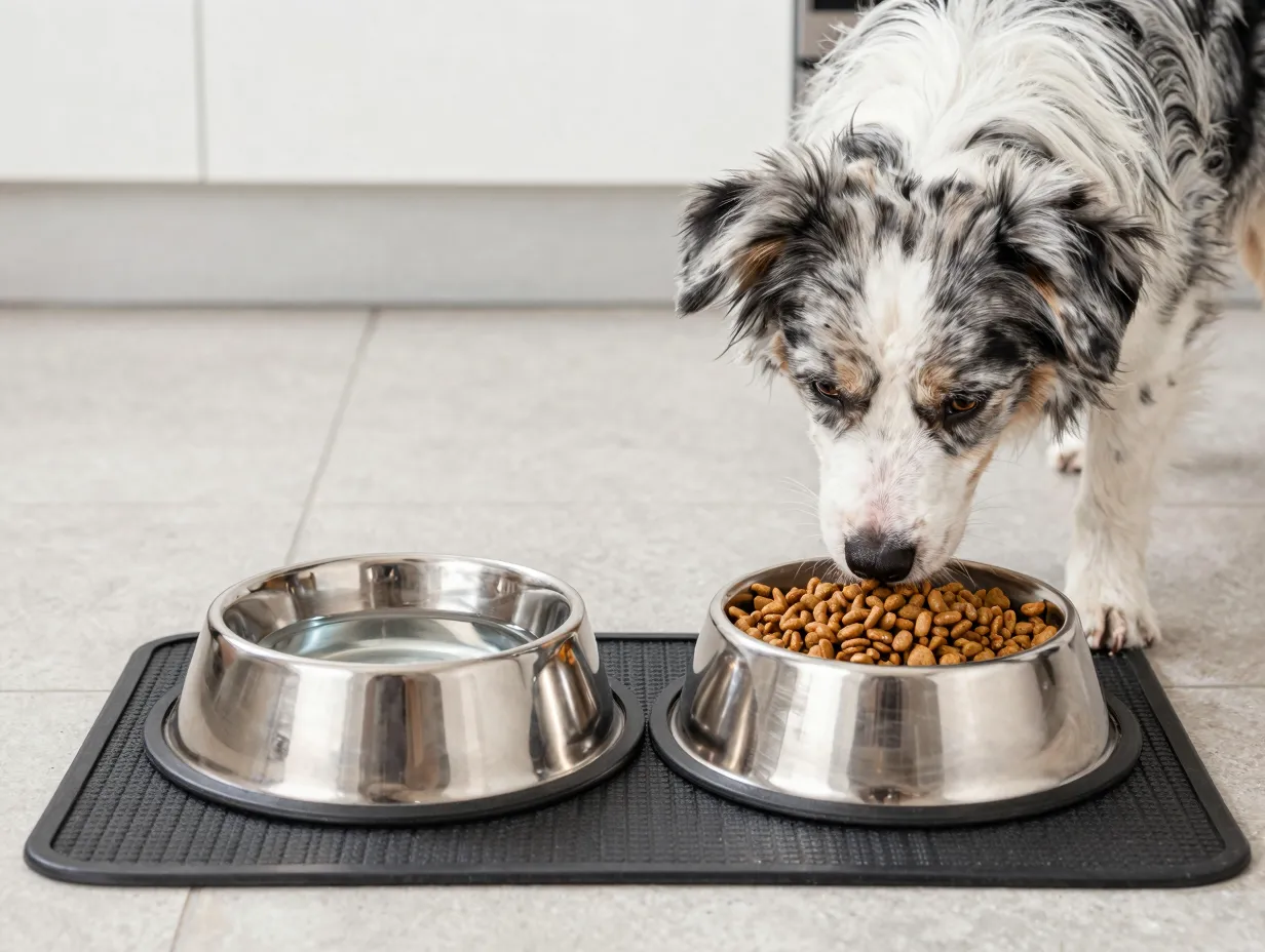 Appropriately sized stainless steel dog bowls with non slip mat