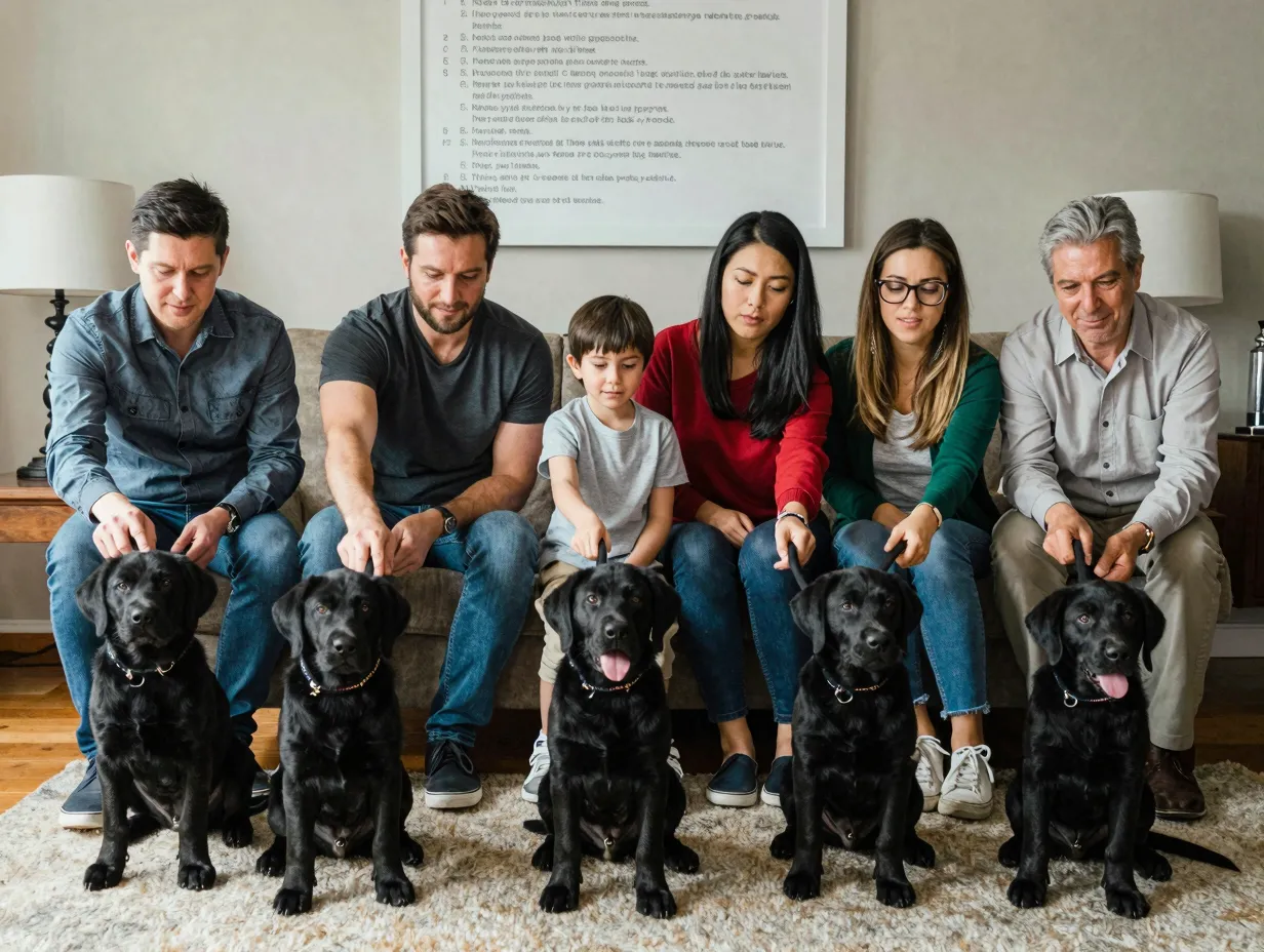 Family members consistently training black lab puppy with same commands