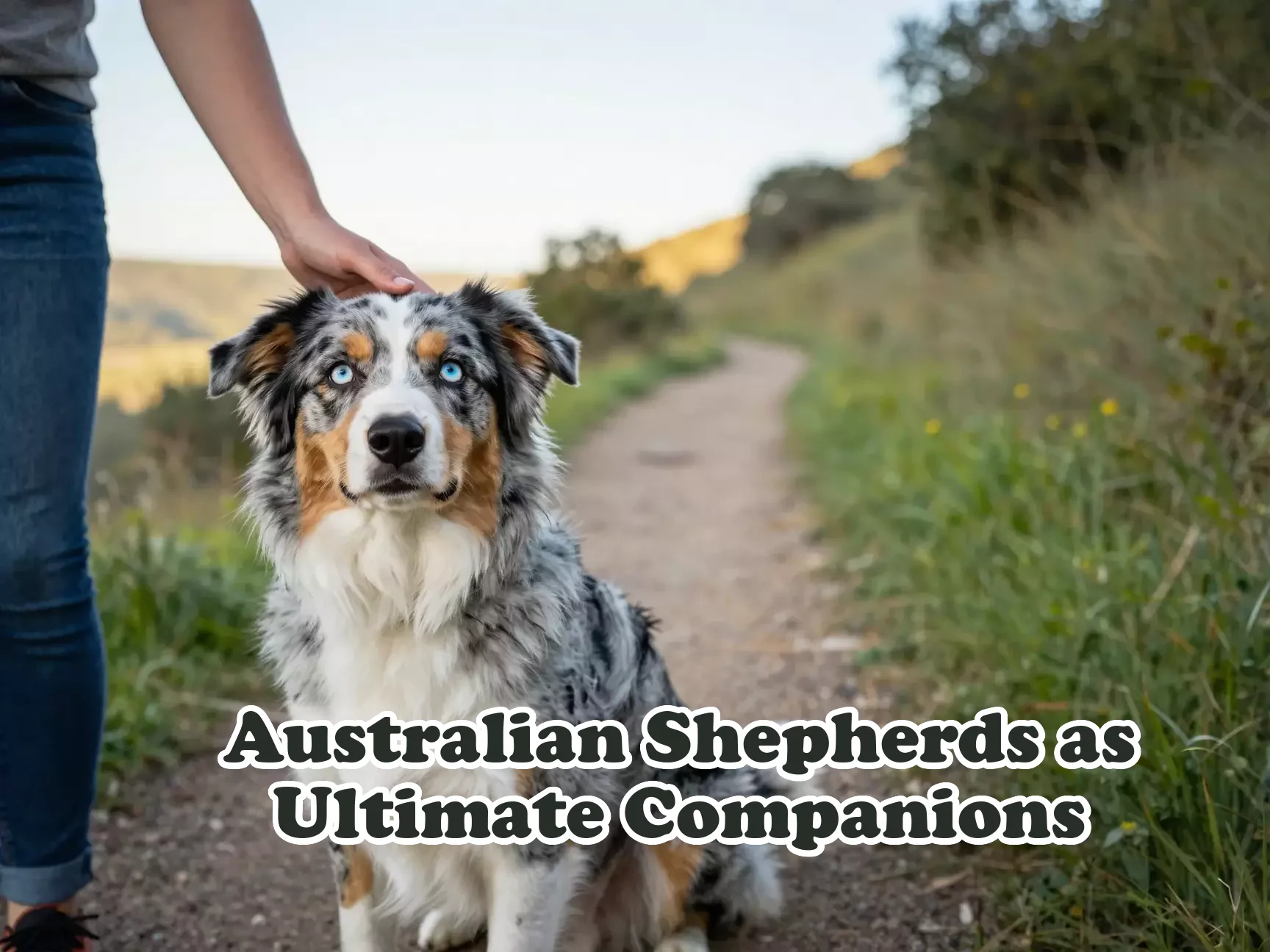 Blue merle aussie loyal companion hiking trail scenic background main