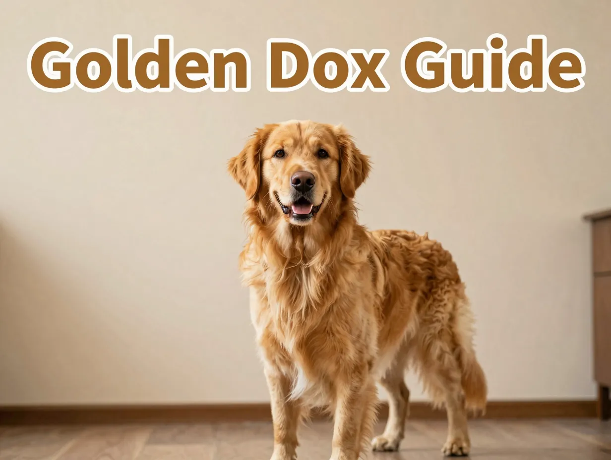 Golden dox guide fluffy golden coat short legs friendly watchful expression