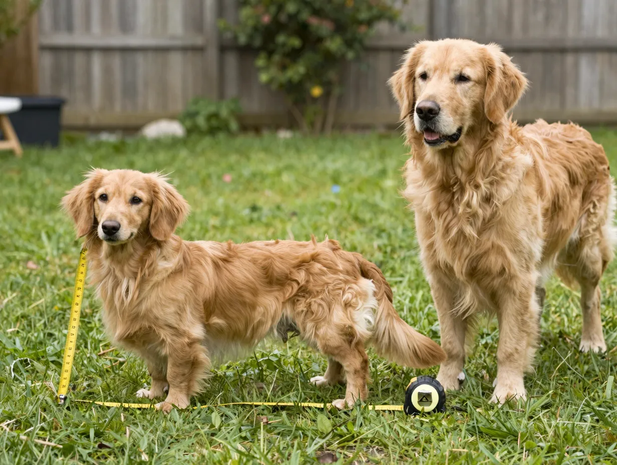 A small golden retriever on stubby legs height comparison yard scene