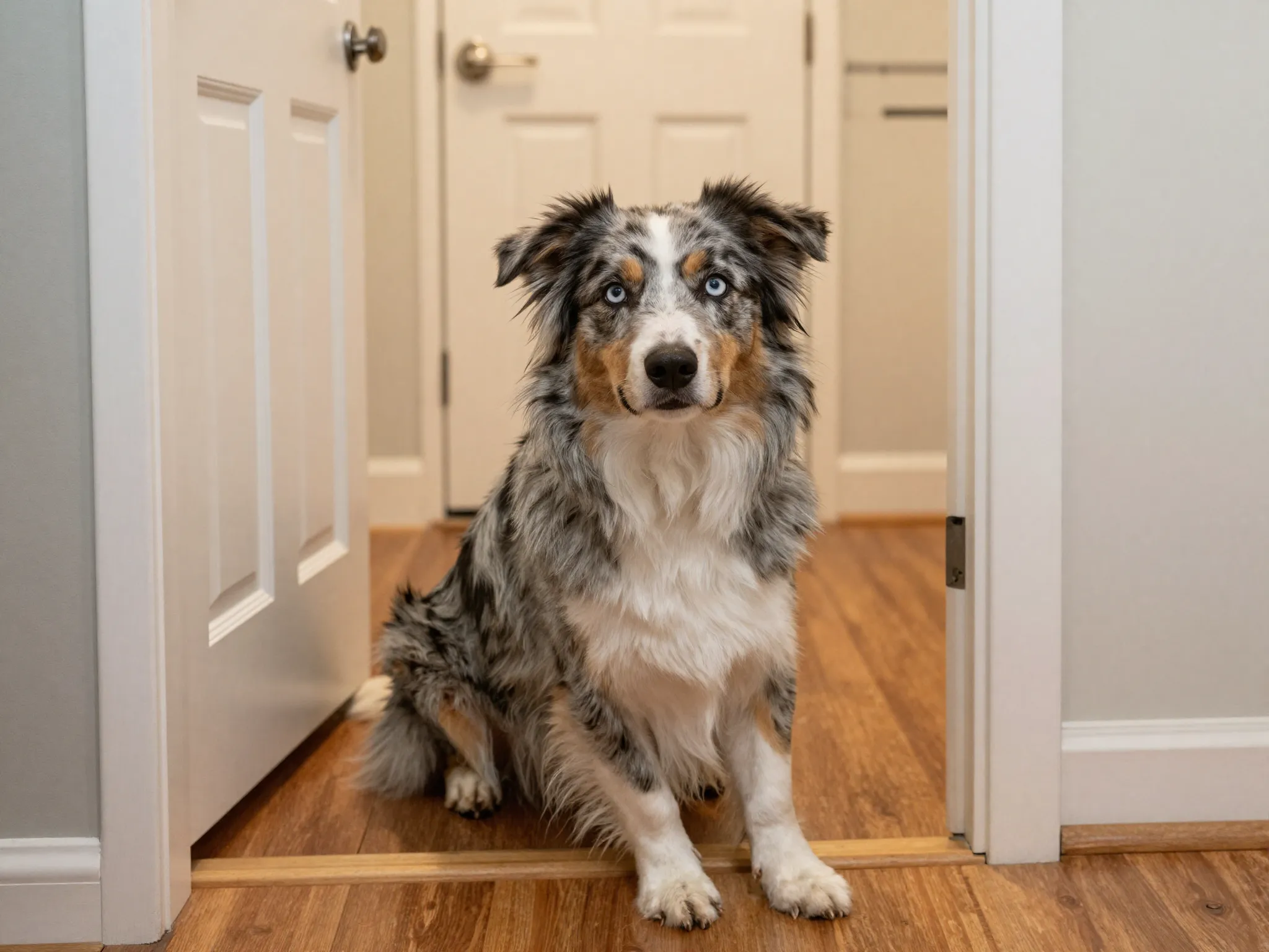 Australian shepherd waiting outside closed bathroom door demonstrating loyal companion behavior