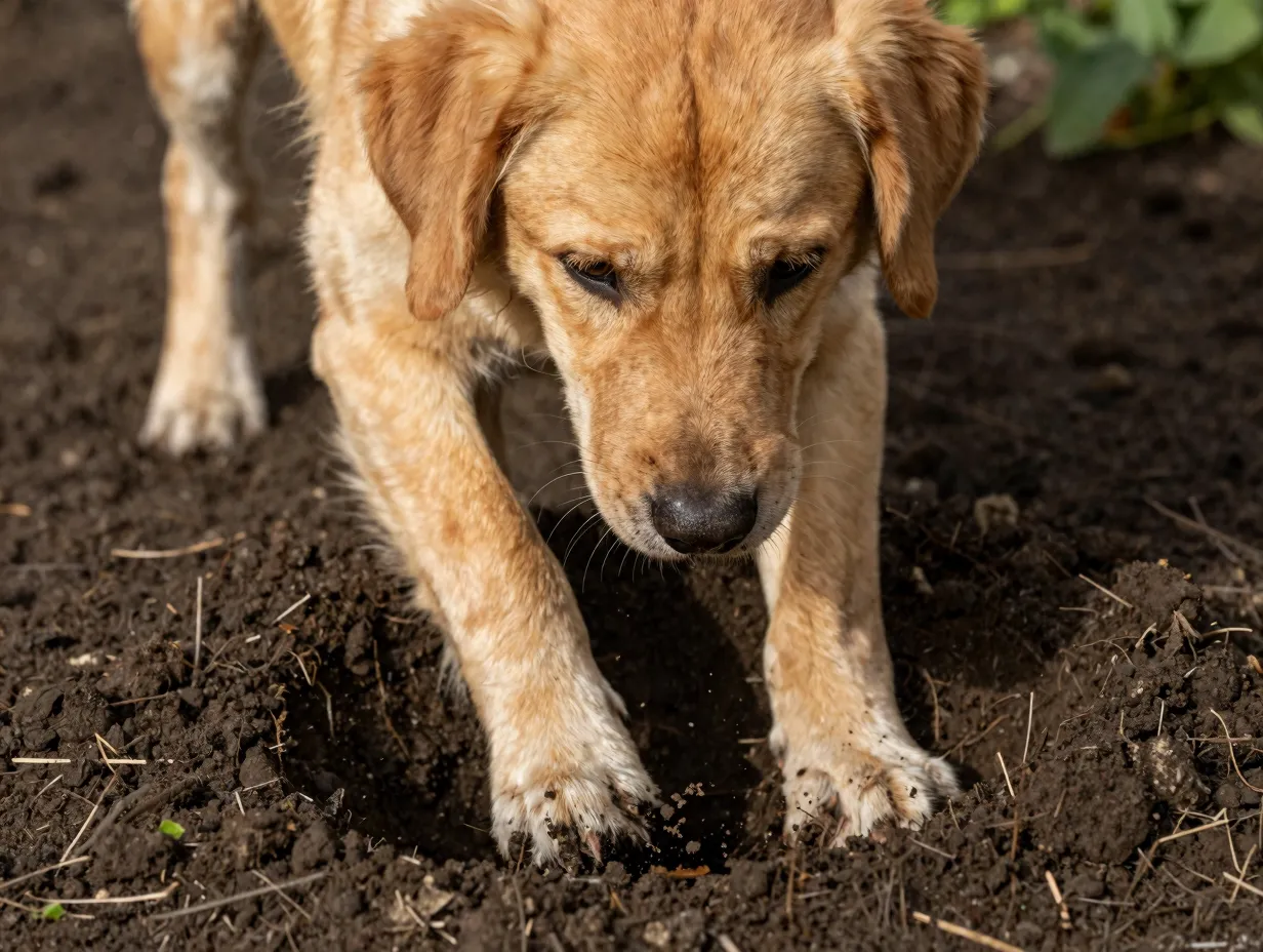 A golden dox intently digging a hole in a garden soil