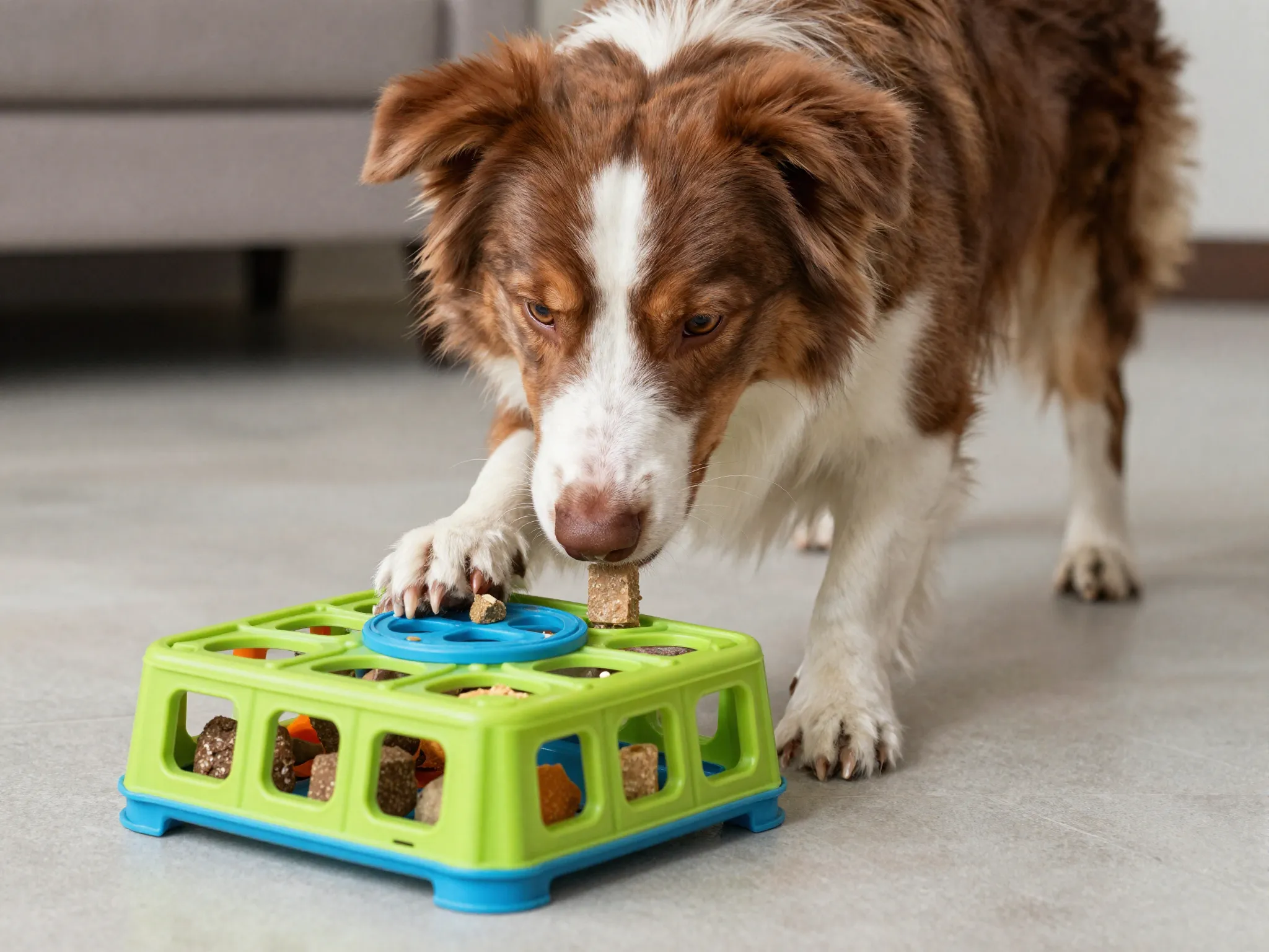 Intelligent australian shepherd solving a treat puzzle toy with focused concentration