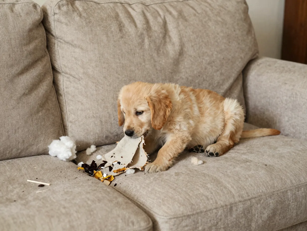 A bored golden dox puppy chewing on a torn sofa cushion