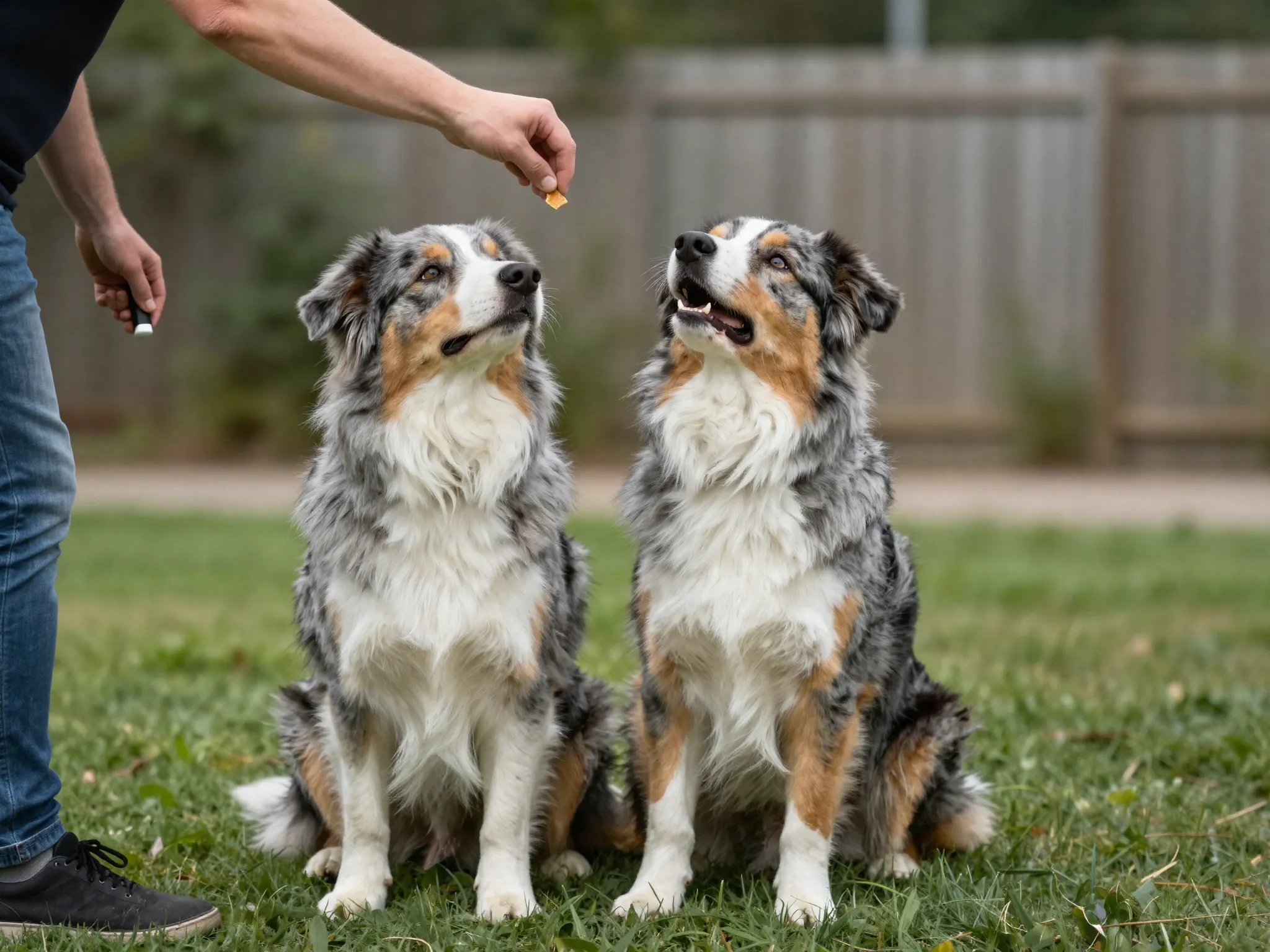 Australian shepherd successfully performing a sit command during positive reinforcement training