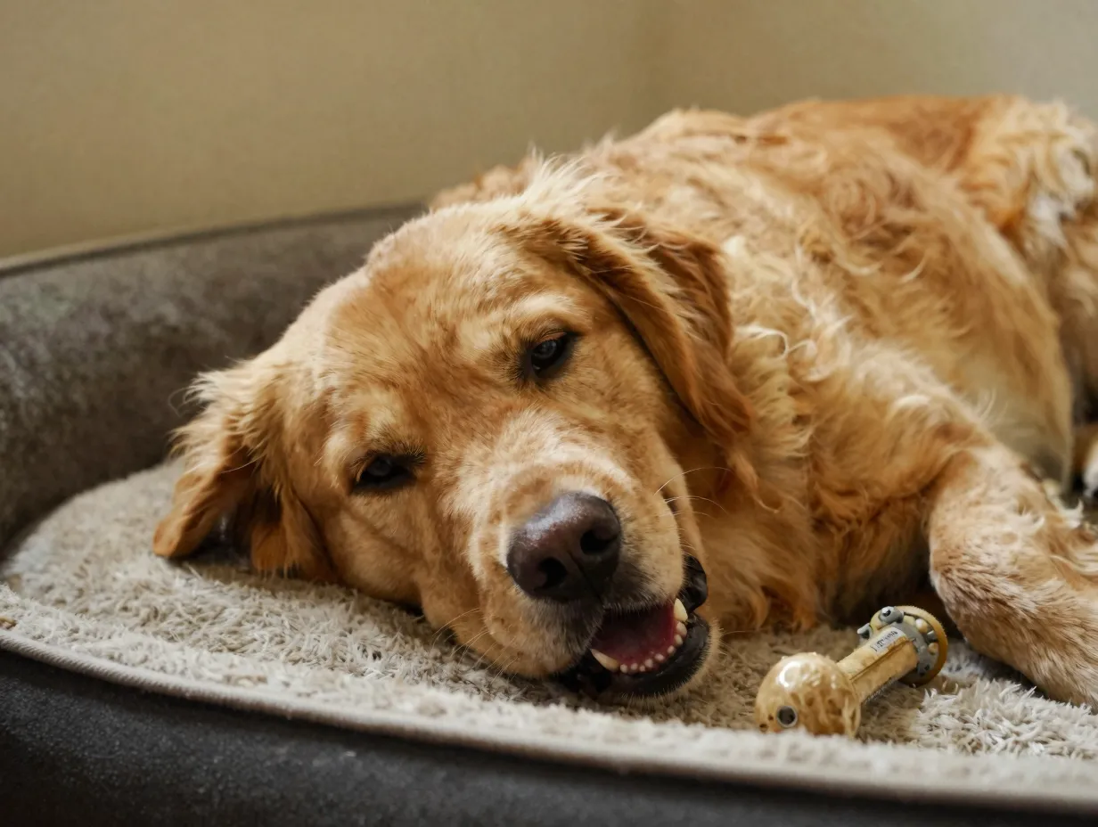 A panting golden dox resting after a short play session