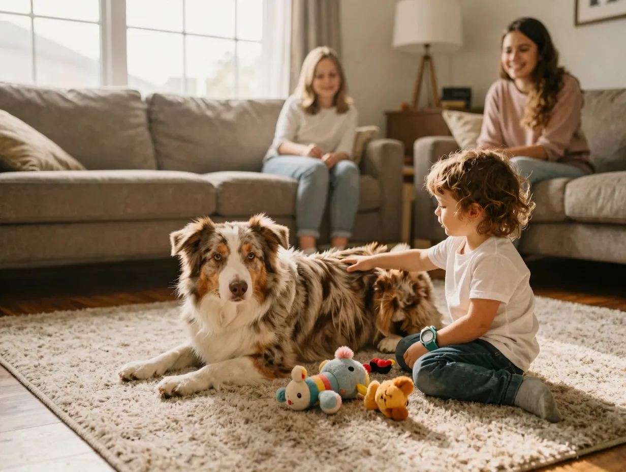 Australian shepherd gently interacting with a young child in a family living room