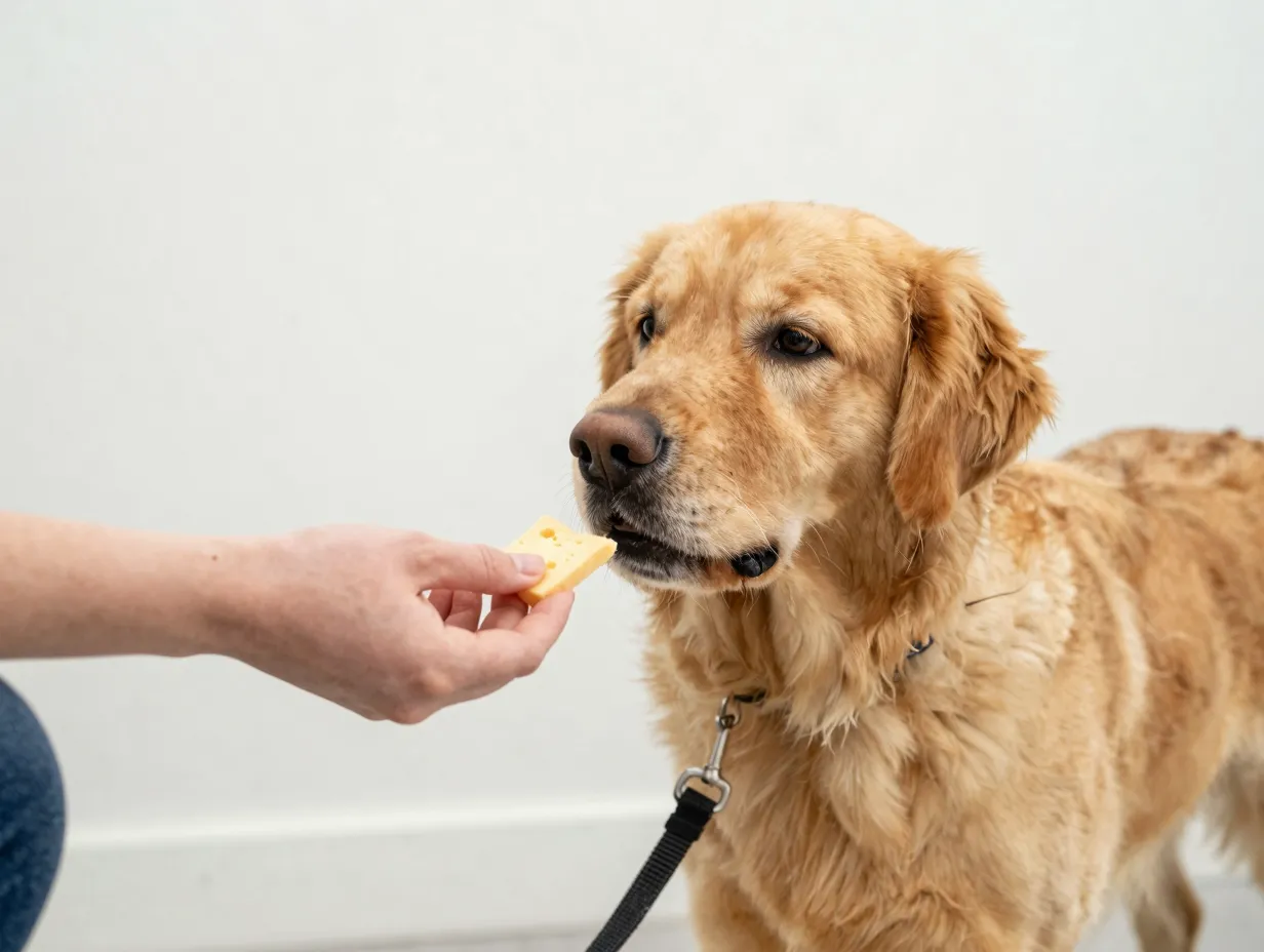 A stubborn golden dox ignoring a treat during training session
