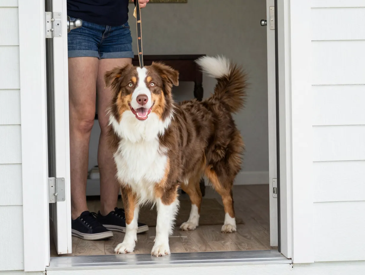 Friendly australian shepherd greeting a new visitor with a wagging tail at the front door