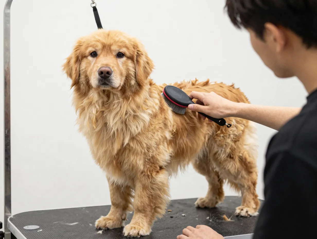 A groomer brushing a golden dox dense fluffy coat