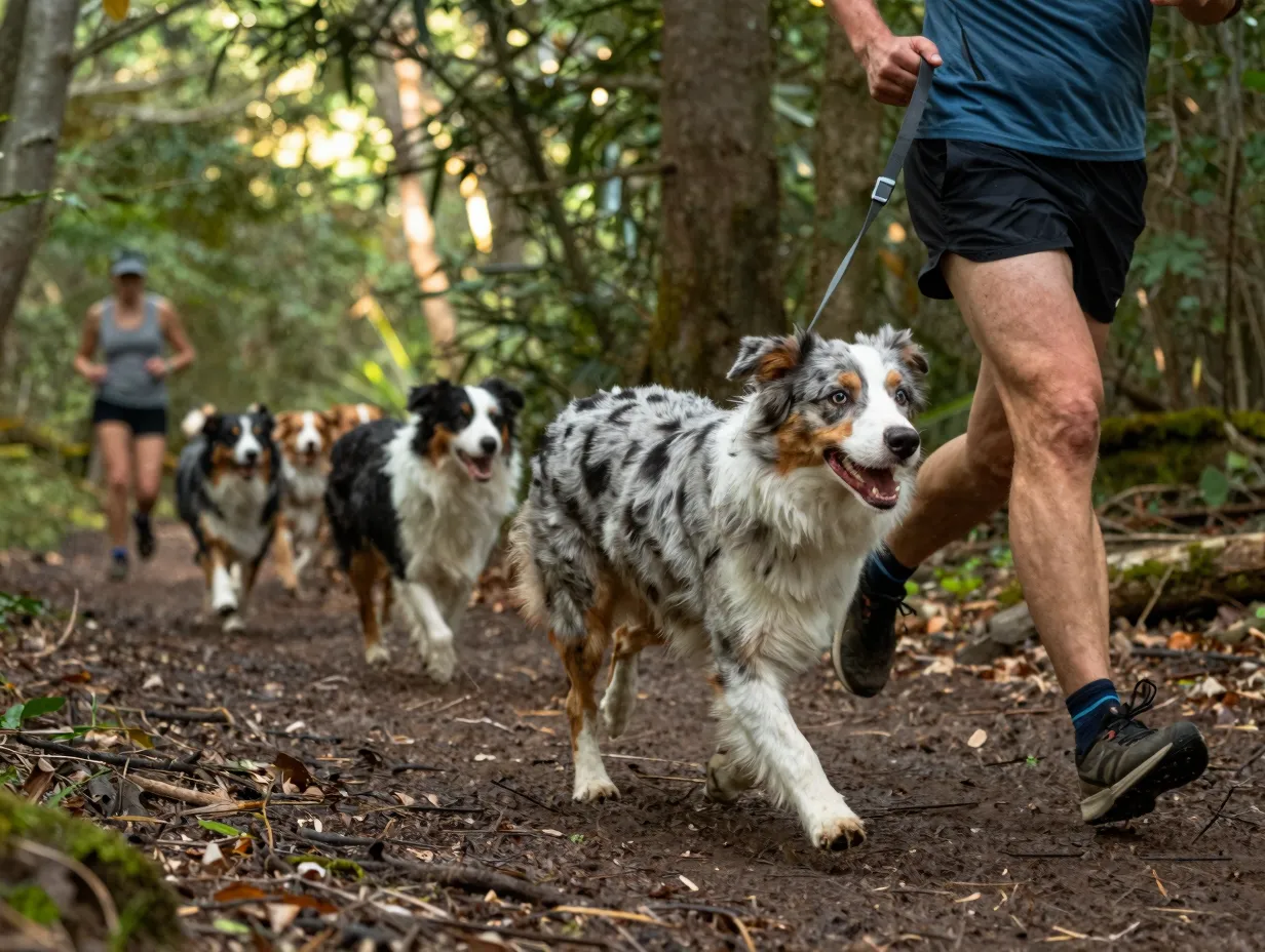 Australian shepherd running alongside an owner on a forest hiking trail