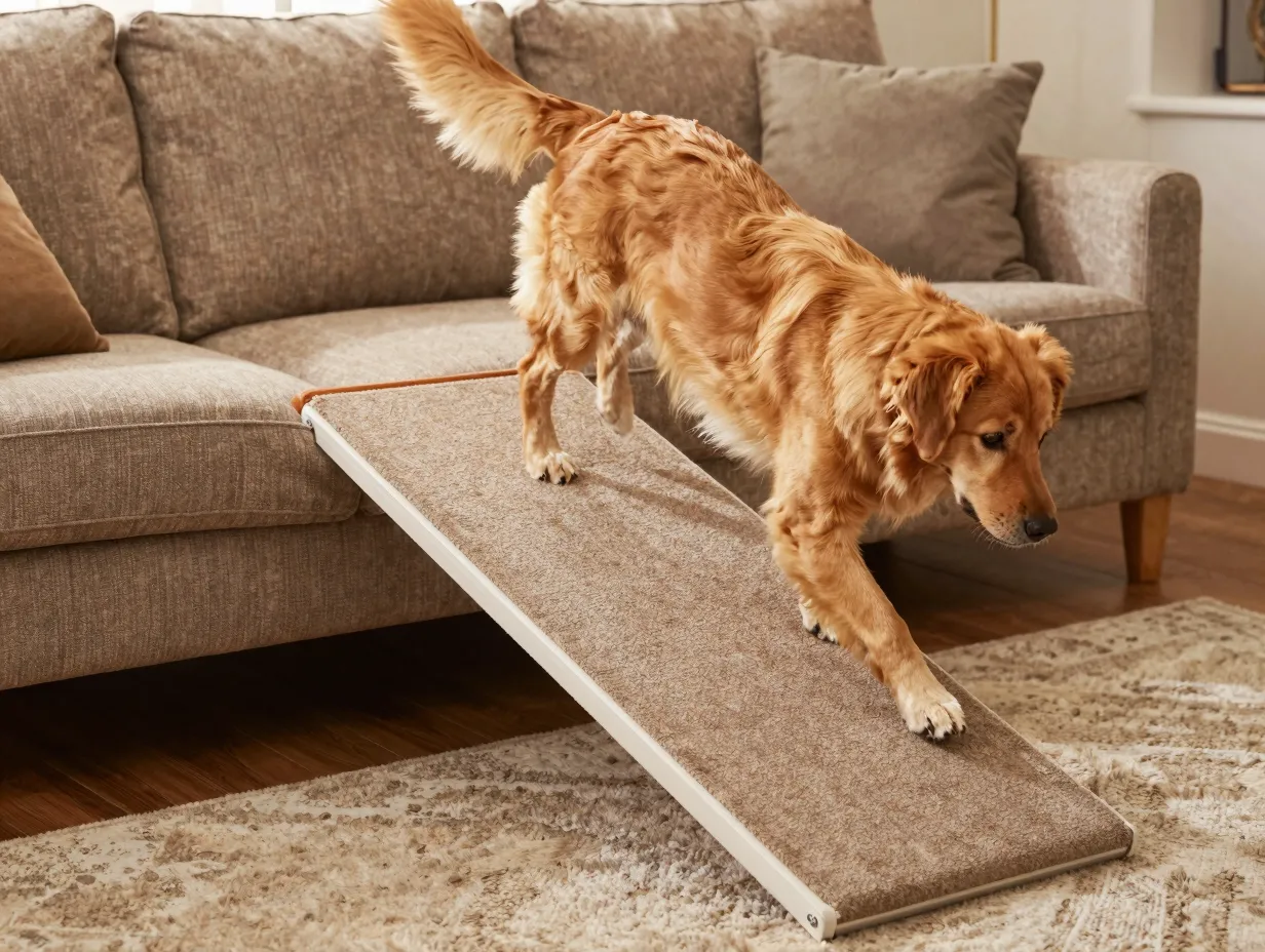 A golden dox using a carpeted ramp to access a sofa