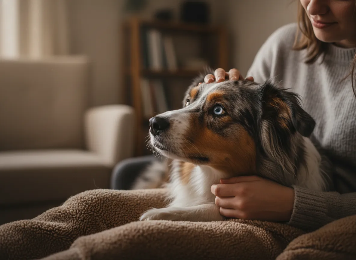 Australian shepherd providing comfort as an emotional support animal to a seated person