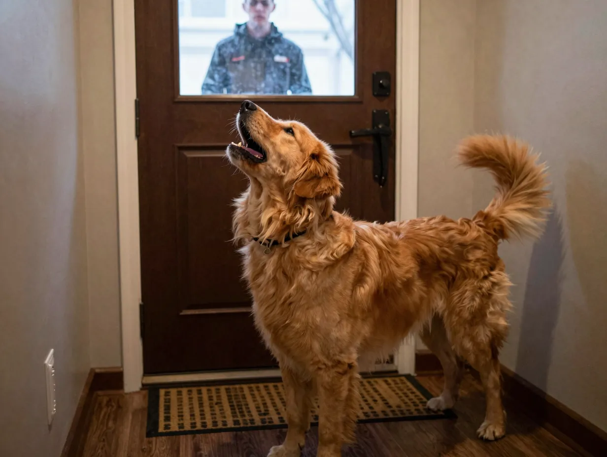 A golden dox alertly barking at the front door