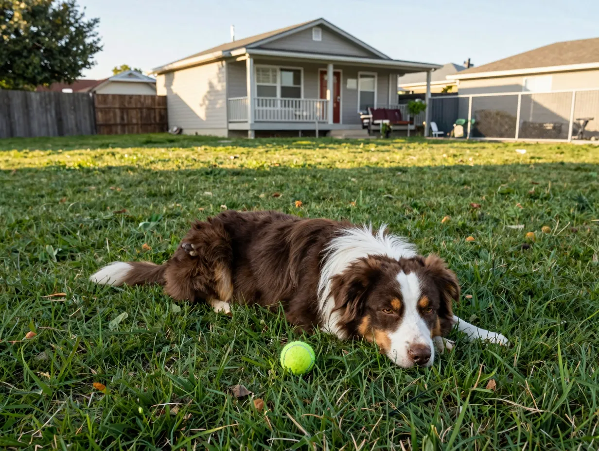 Versatile australian shepherd relaxing contentedly in a suburban backyard after exercise