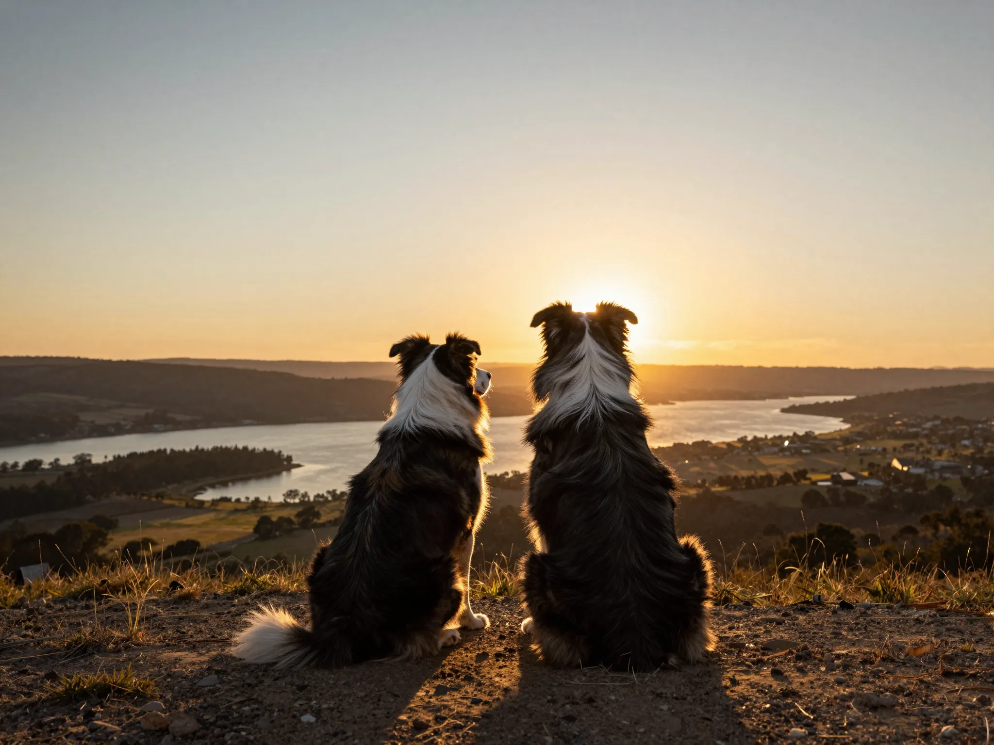 Mature australian shepherd alongside its owner looking out over a scenic landscape together