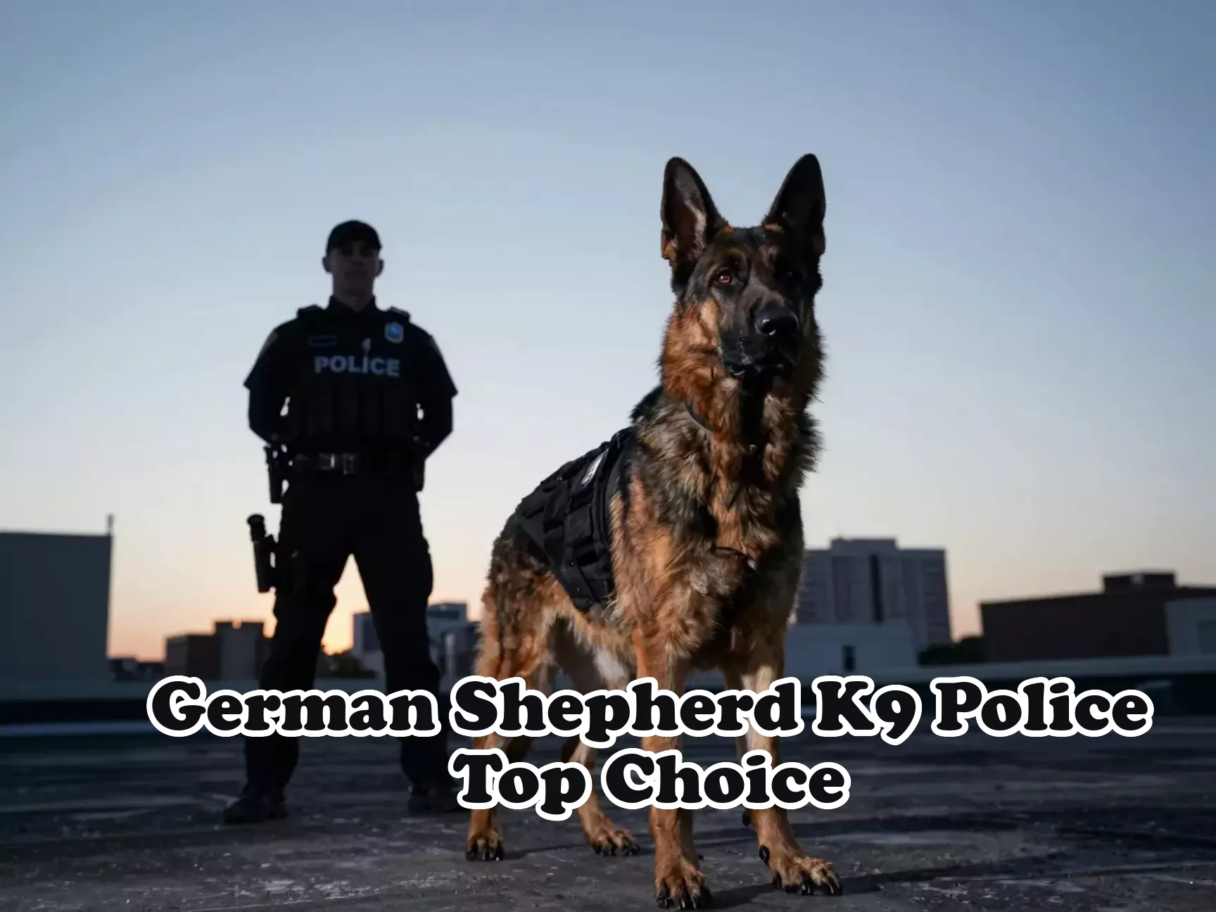 Heroic german shepherd k9 police dog urban rooftop dawn silhouette main