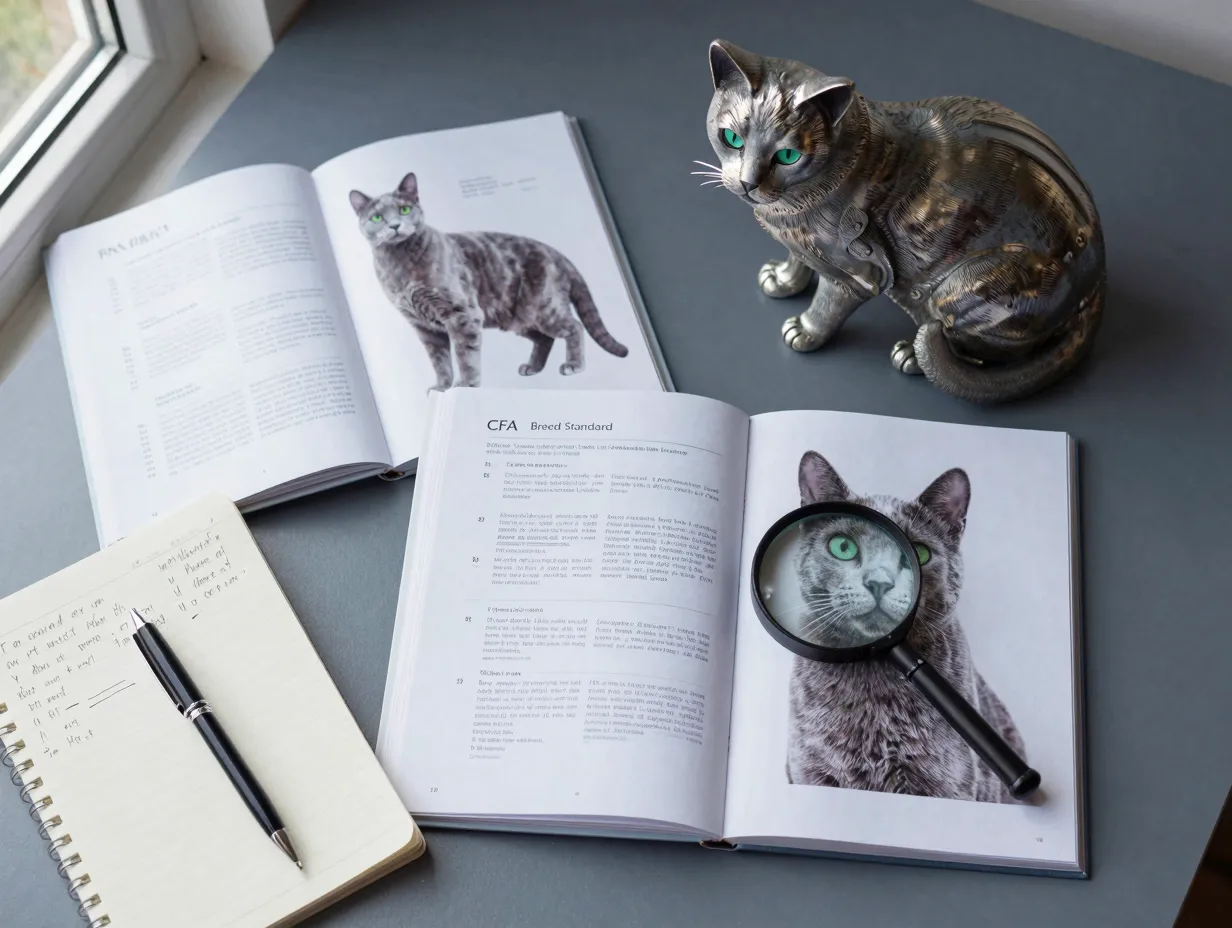 A study table with a russian blue breed standard book and cat figurine