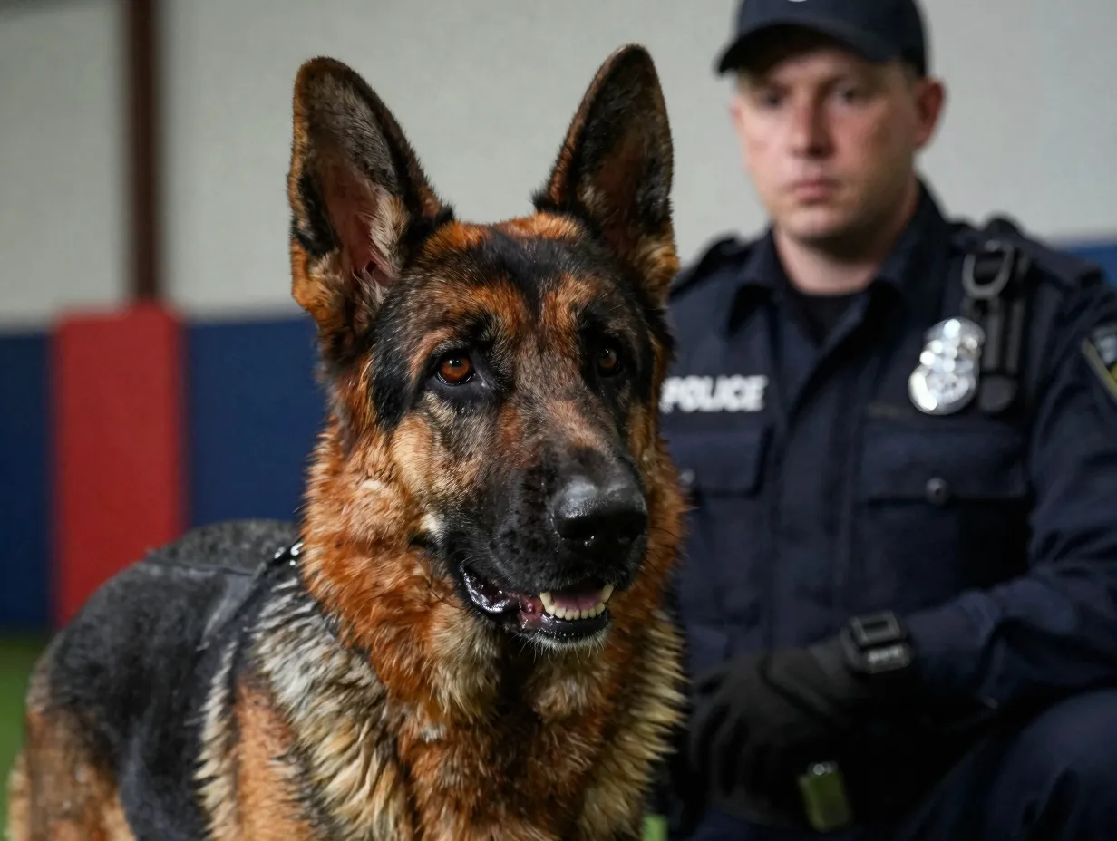 German shepherd police dog intelligence learning complex commands in training