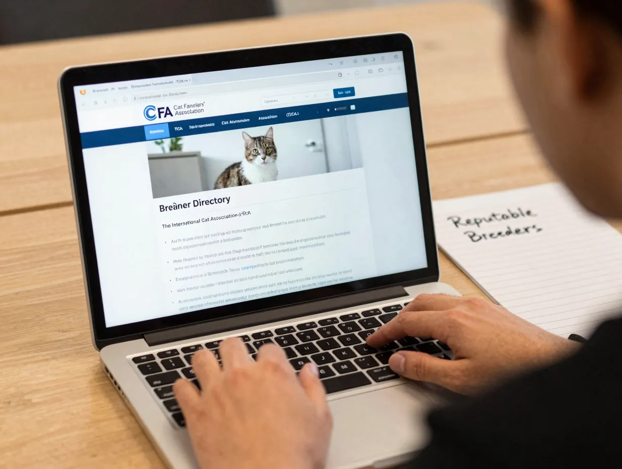 A person browsing a laptop on the cfa breeder directory website