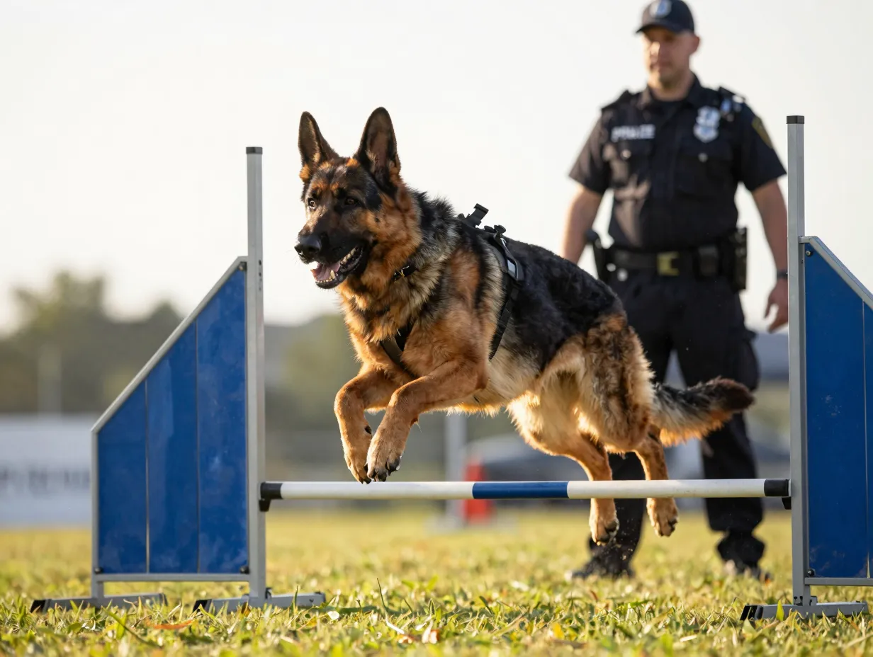 German shepherd police dog certification training agility course demonstration