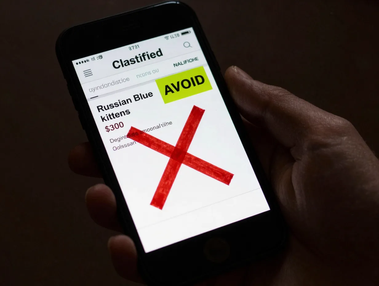 A hand holding a phone displaying a suspicious classified ad