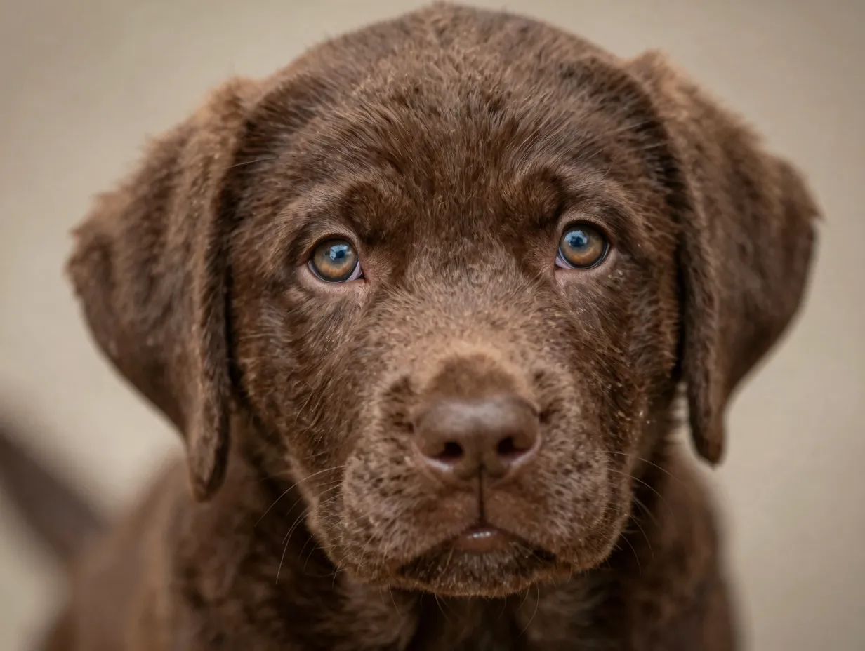 Chocolate labrador puppy close up showing distinctive brown eyes nose