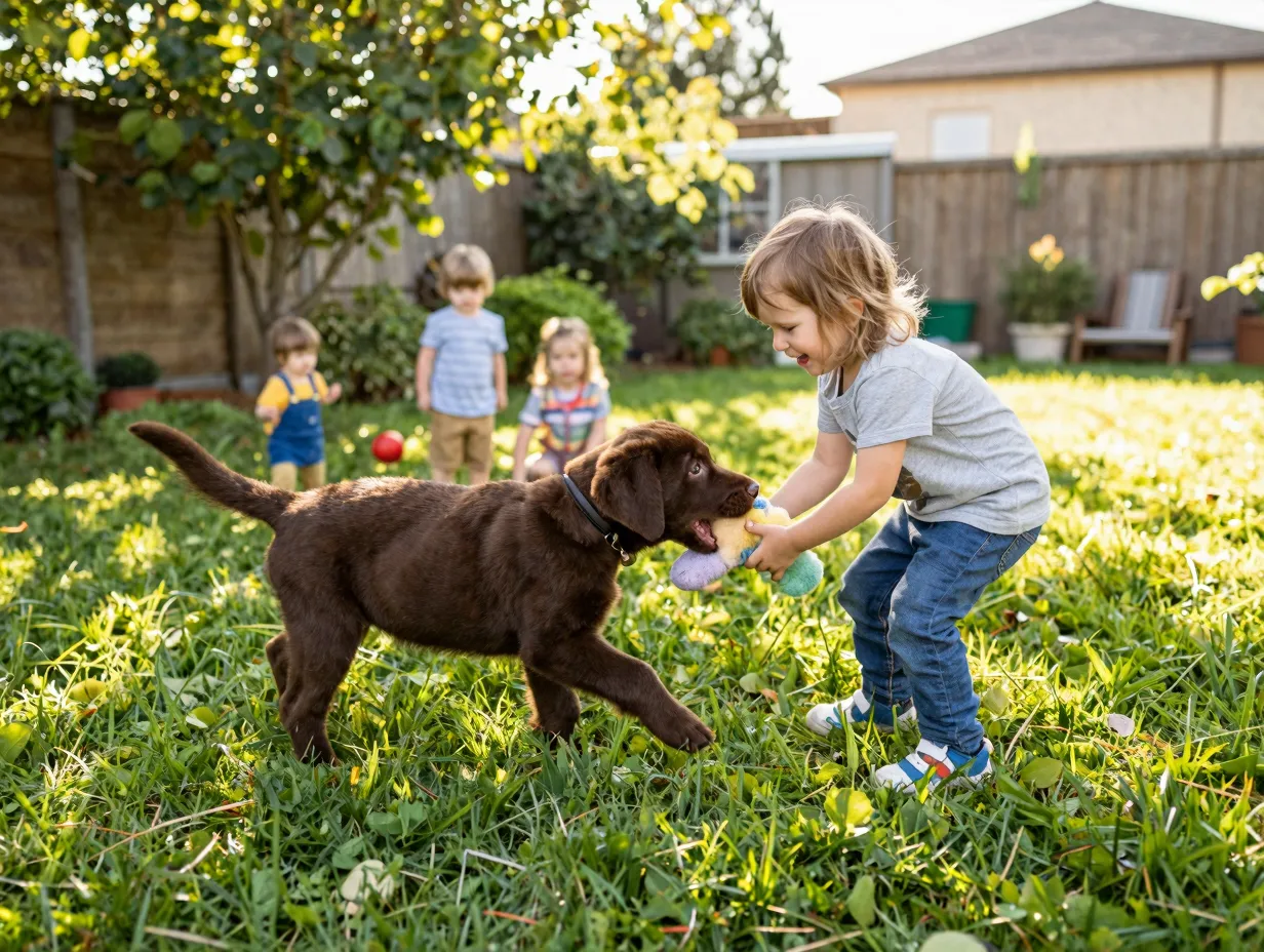 Friendly chocolate lab puppy playing with a child in a garden