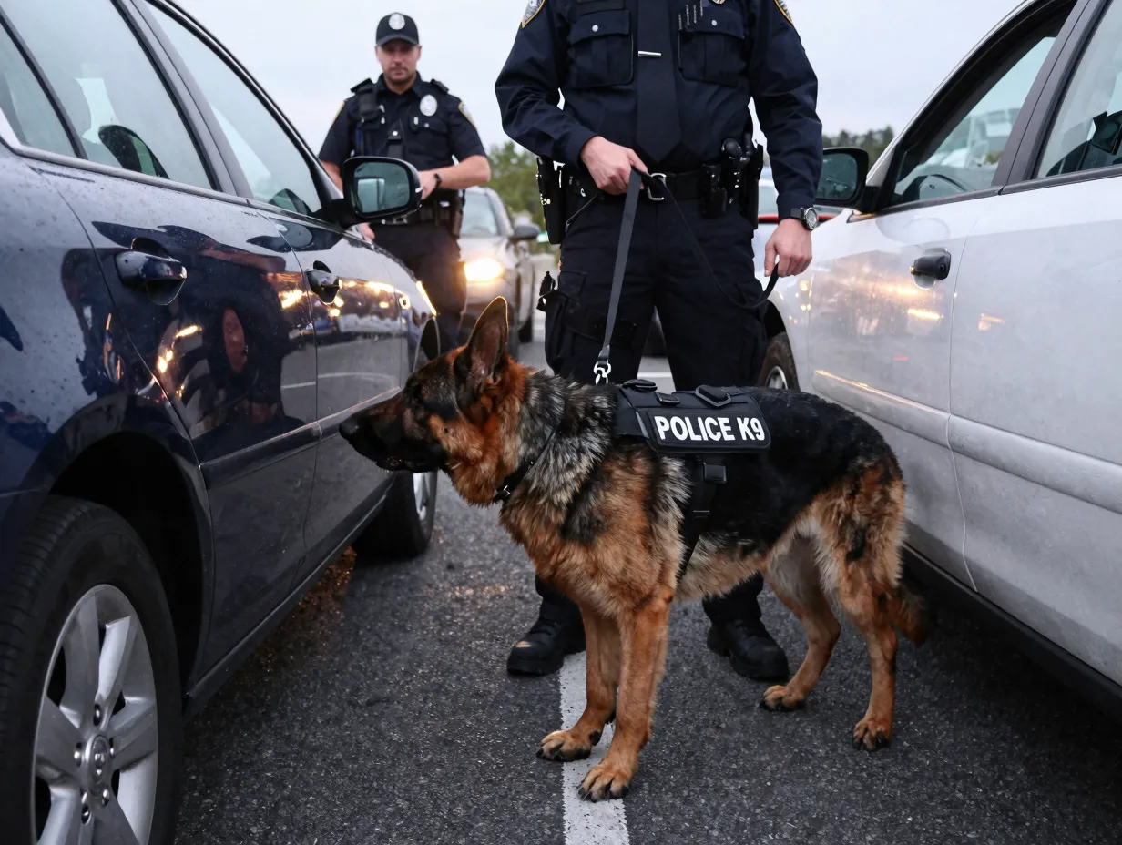 German shepherd police dog scent detection narcotics search in vehicle