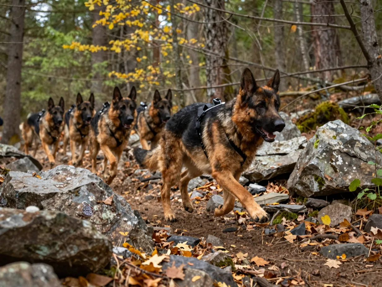 German shepherd police dog endurance running across rugged forest terrain