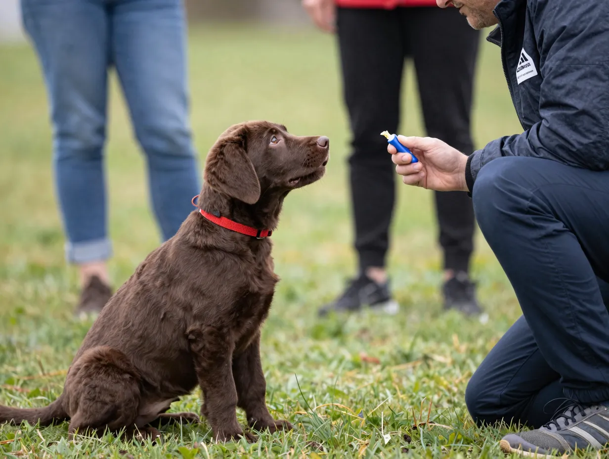 Intelligent chocolate lab puppy learning obedience command with trainer