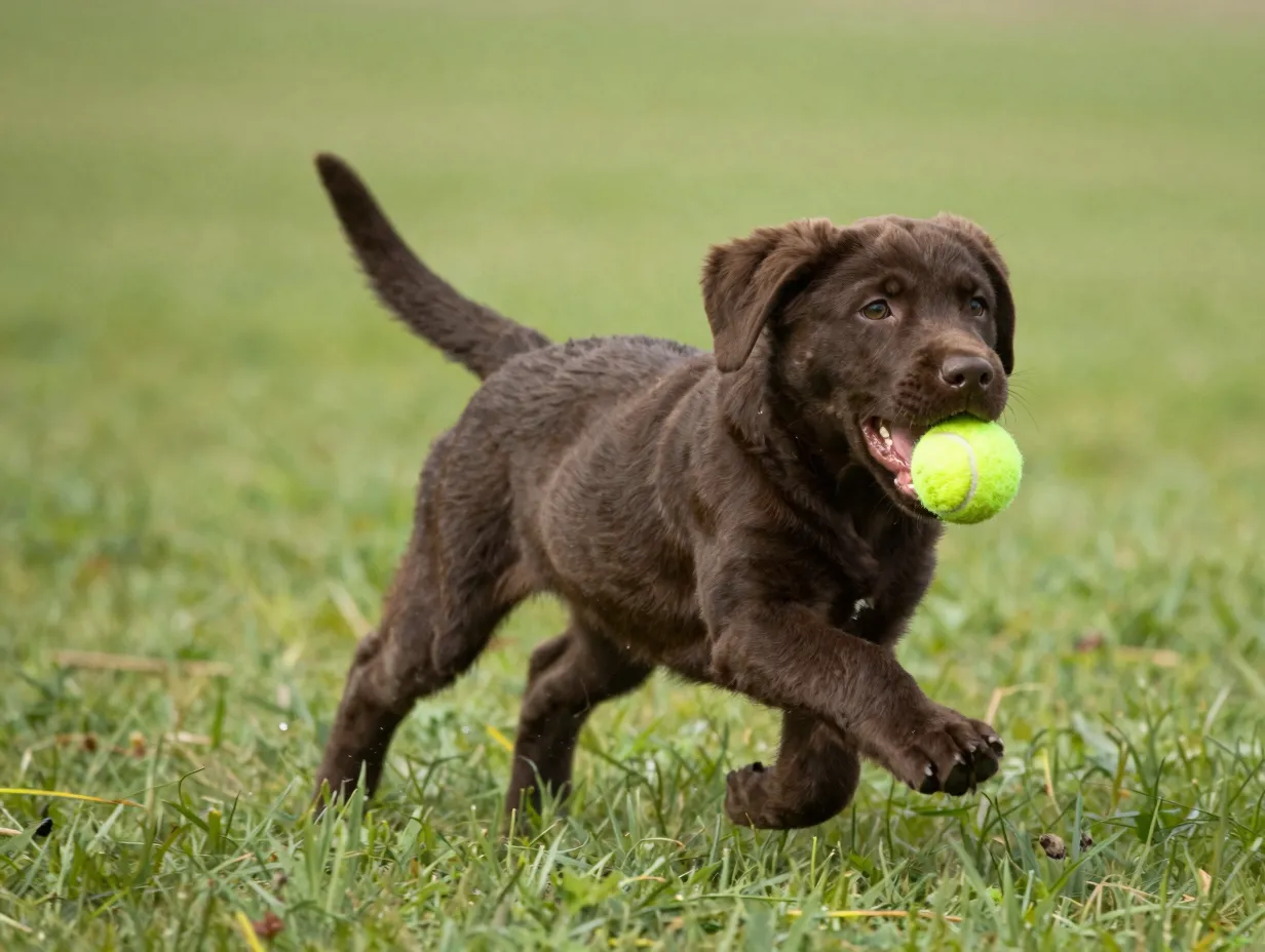 Energetic chocolate lab puppy running through field with a ball