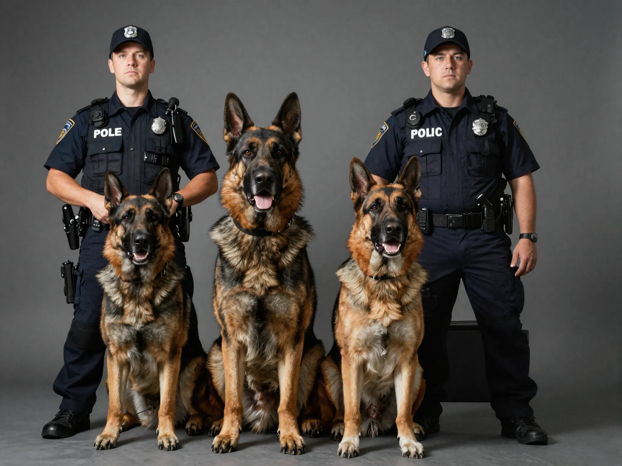 German shepherd police dog loyalty protective stance with handler partner