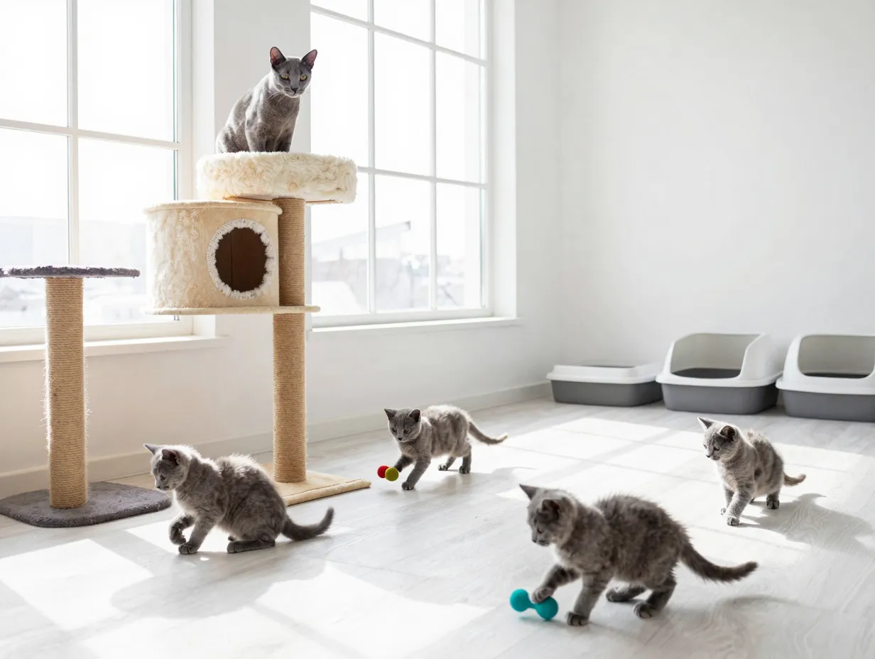 A clean spacious cattery with a russian blue mother and playful kittens