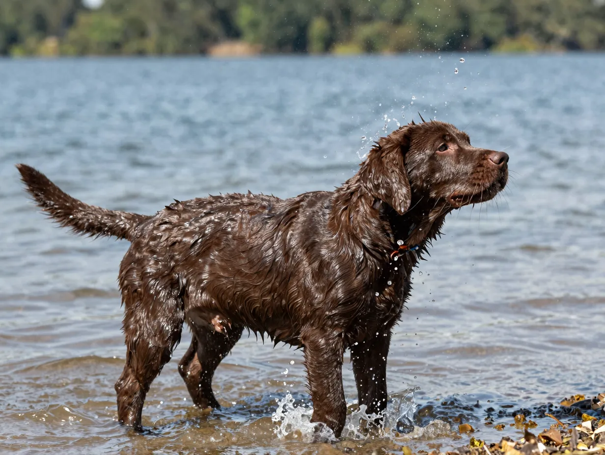 Wet chocolate labrador puppy shaking off water after swimming