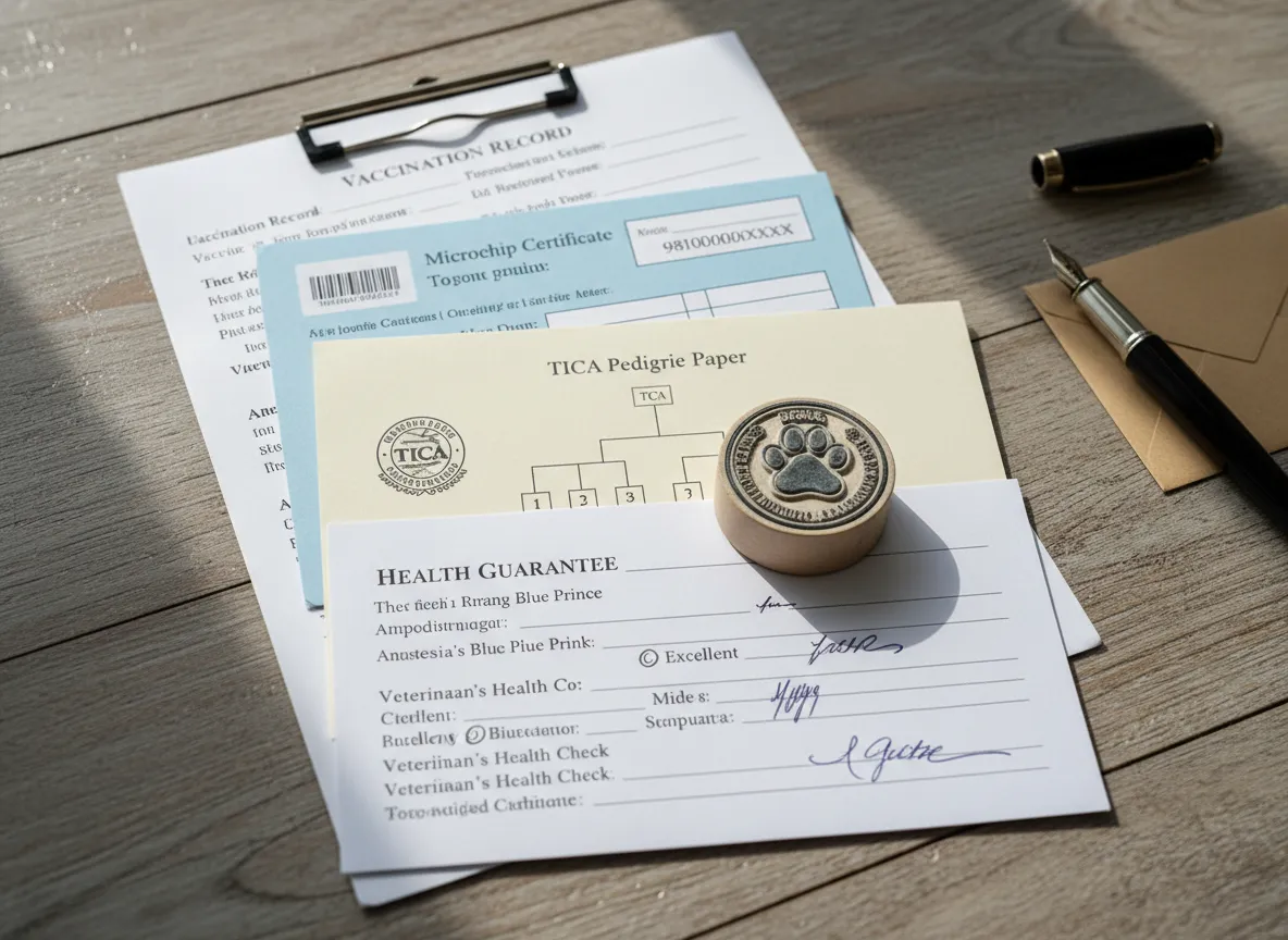 A neat stack of adoption documents for a russian blue kitten
