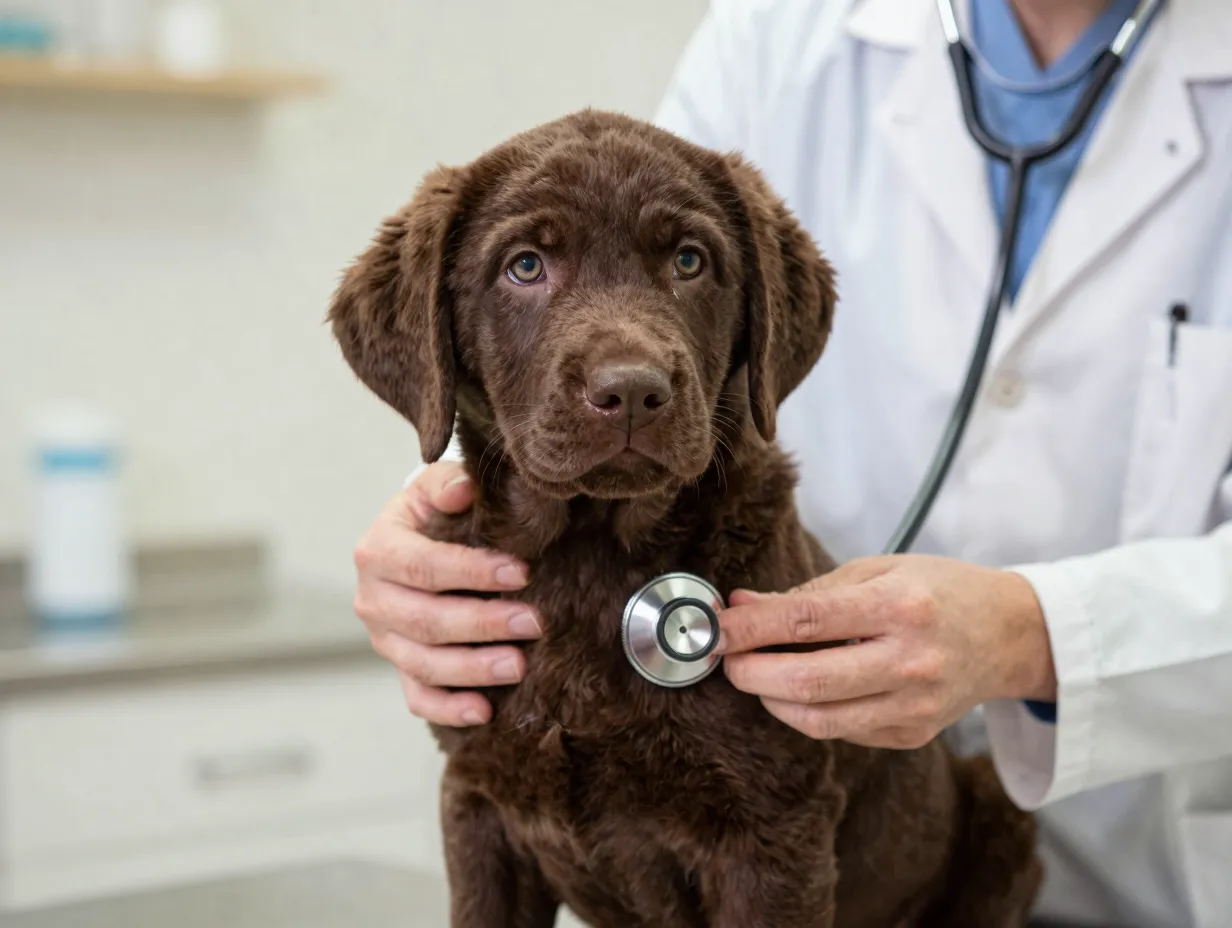 Chocolate lab puppy veterinary health check up with stethoscope