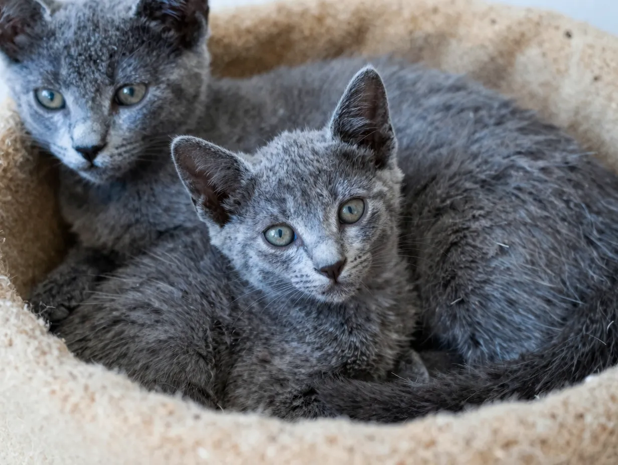 A thirteen week old russian blue kitten with its mother in a nest