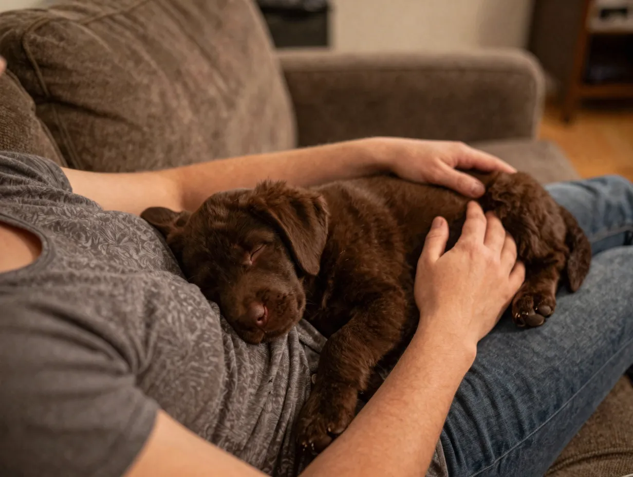 Chocolate lab puppy sleeping on owners lap on a couch