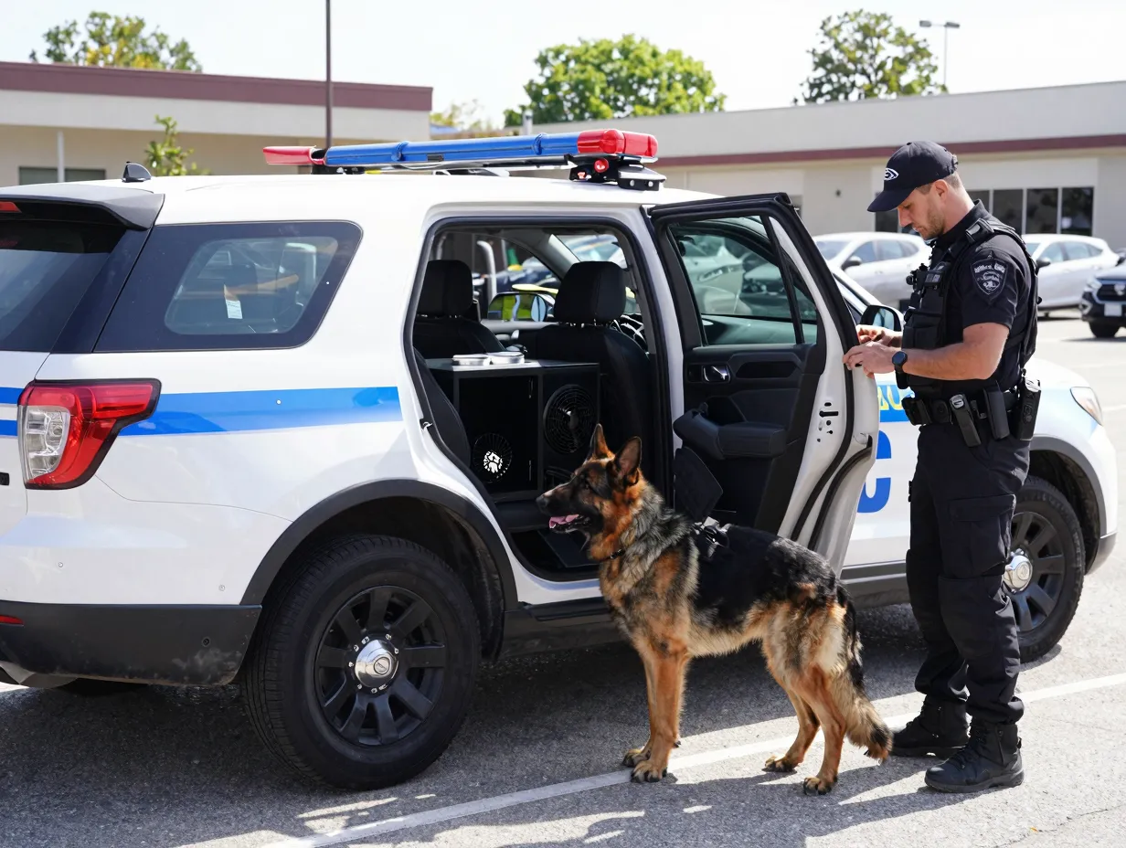 Cost effective german shepherd k9 team on patrol with police vehicle