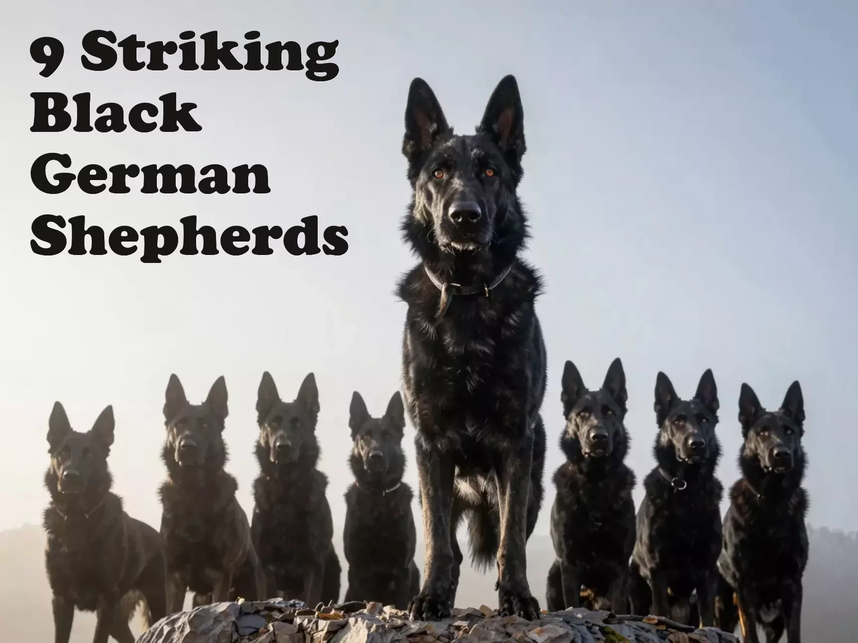 Heroic black german shepherd noble alert amber eyes misty dawn main