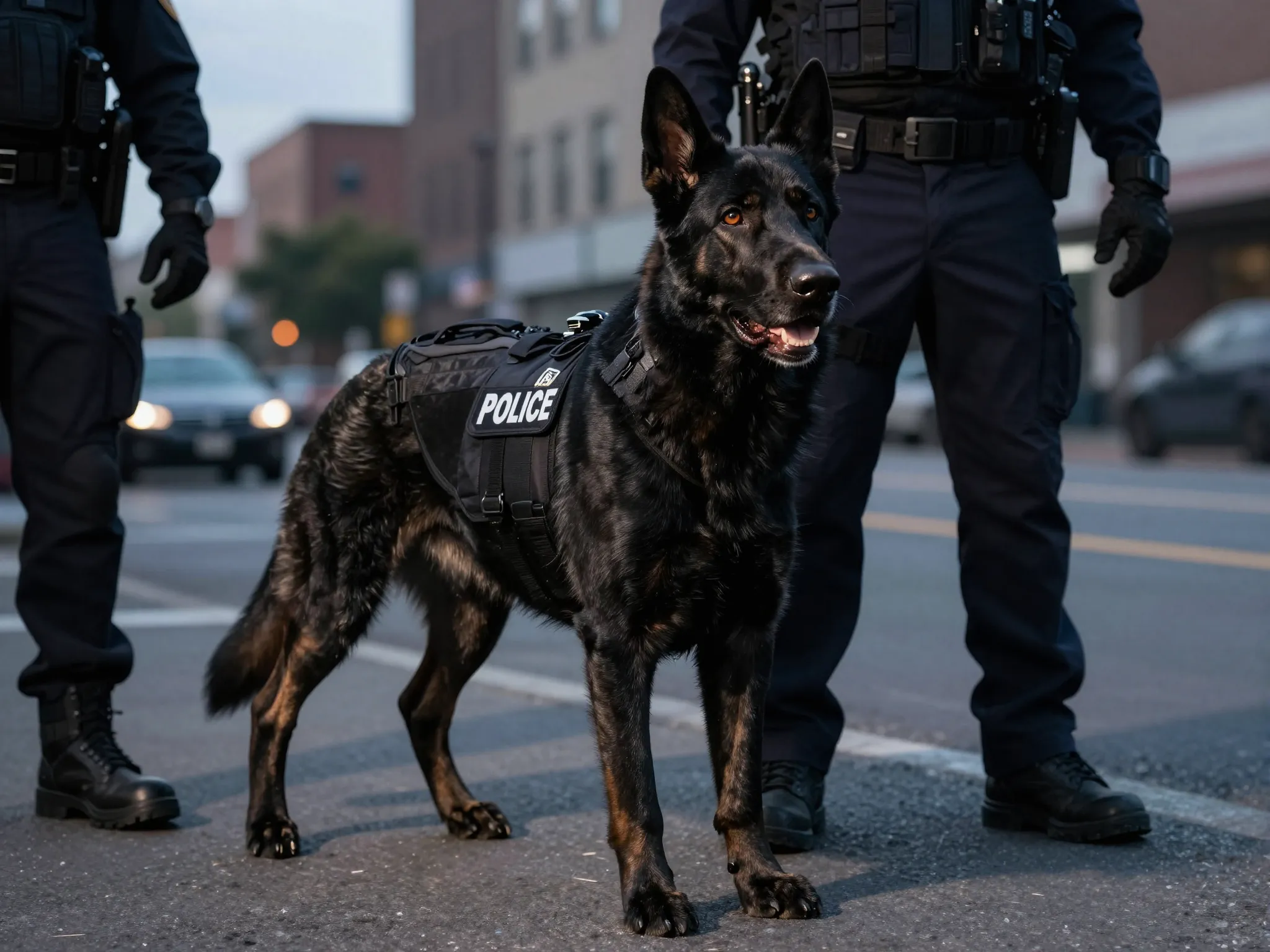 Elite black police k9 german shepherd wearing vest on patrol