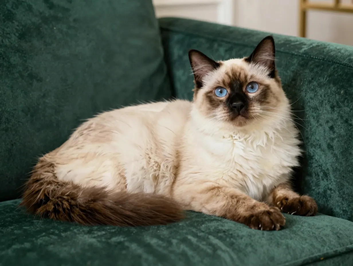 Silky cream point balinese cat lounging on elegant velvet sofa