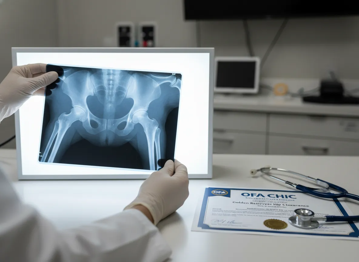 Veterinarian reviewing golden retriever hip x ray with ofa certificate