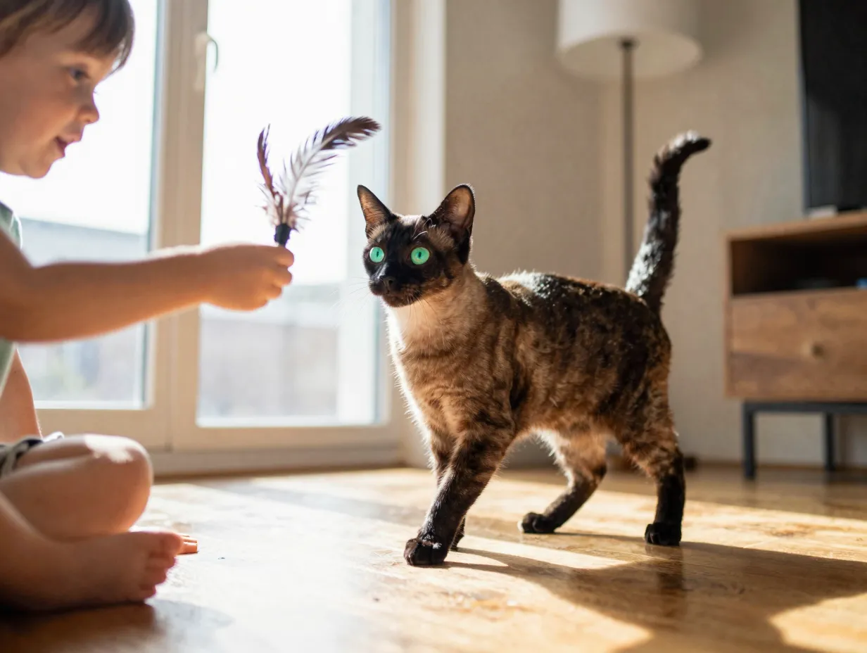 Aqua eyed tonkinese cat playing with child in sunlit family room