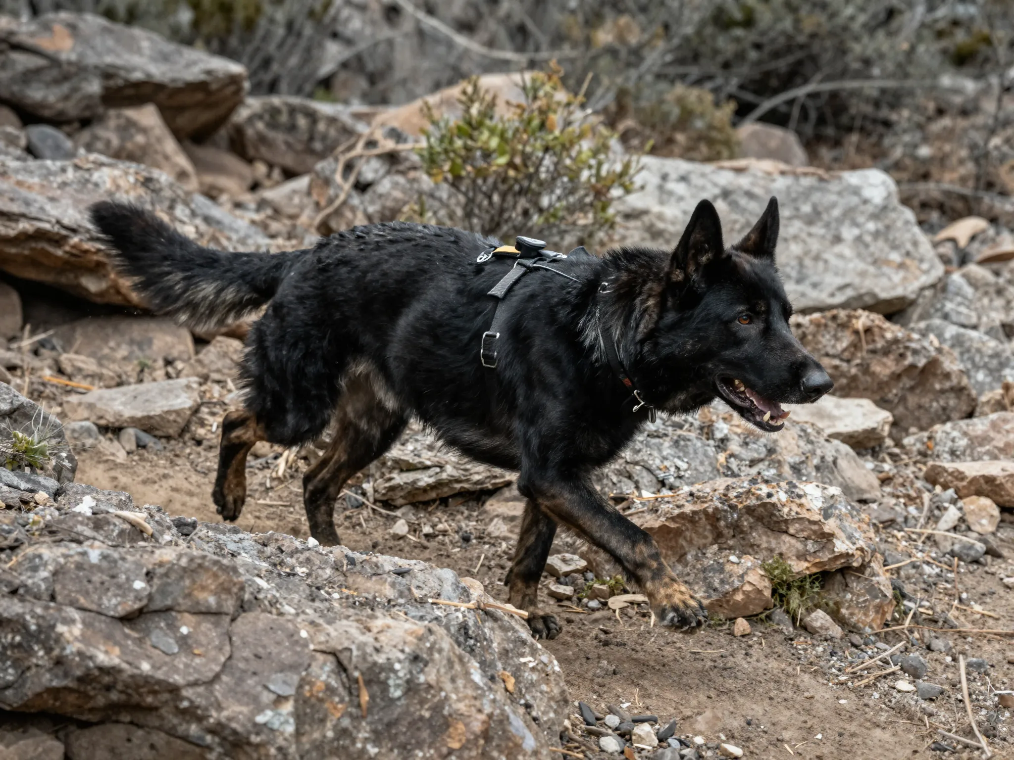Black german shepherd search rescue dog navigating rough terrain
