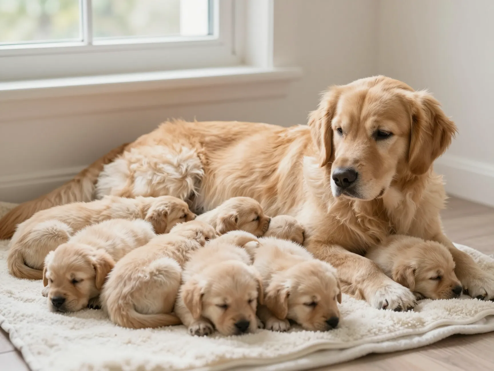 Healthy golden retriever mother resting with single litter of puppies