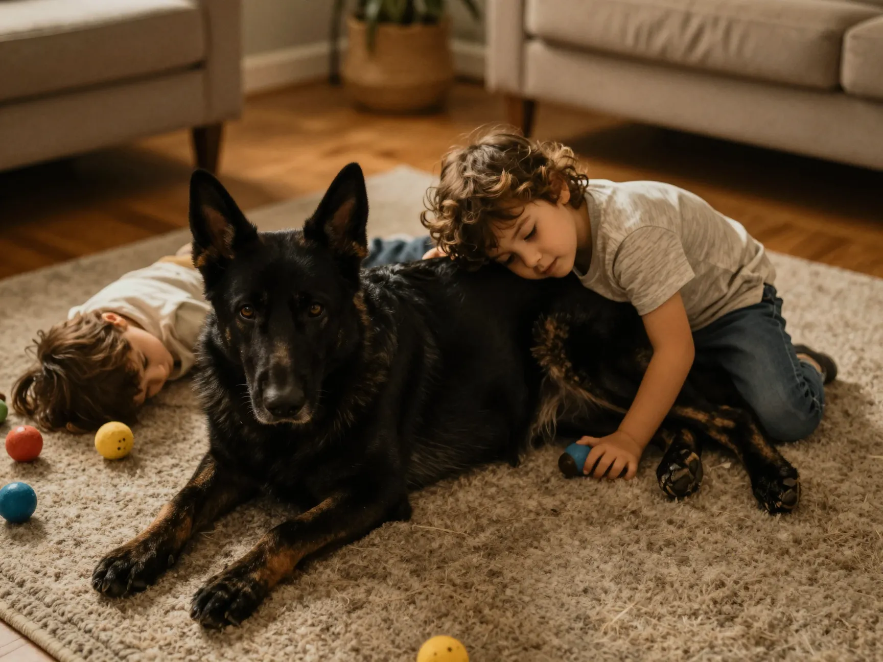 Black german shepherd family guardian lying calmly with children